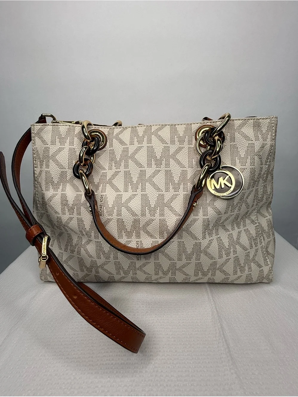 Michael Kors Cream Logo Tote with Brown Leather Straps